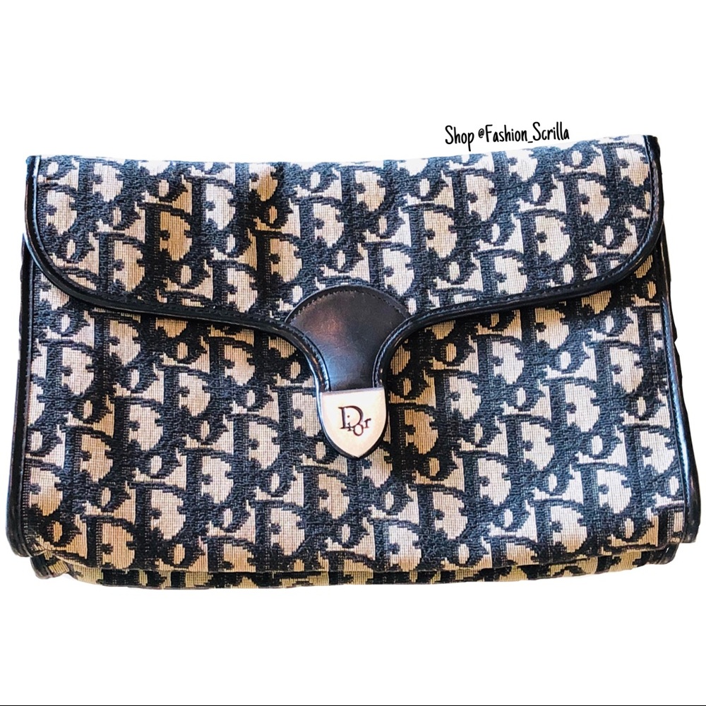Vintage Christian Dior Blue Gold & Black 70’s Oblique Jacquard Logo Flap bag - Picture 14 of 16